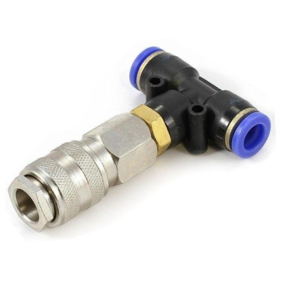 Conector em T para tubo com metal prateado e plástico preto com extremidades azuis