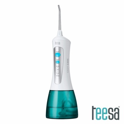 Irrigador oral teesa branco com base azul-esverdeada e ponta metálica