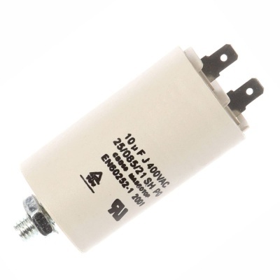 Condensador eletrolítico branco com terminais pretos e parafuso metálico