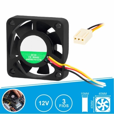 Ventoinha de refrigeração preta DC 12V com três fios e conector branco