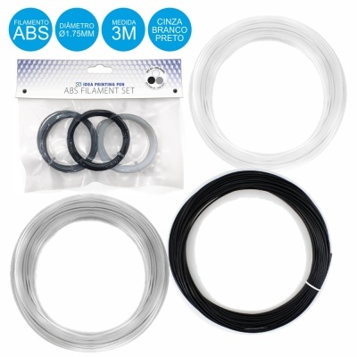 Três rolos de filamento ABS para impressão 3D nas cores cinza, branco e preto, com embalagem e indicações em azul