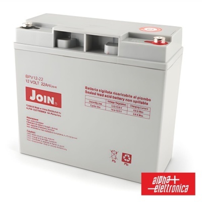 Bateria recarregável cinza da marca Join com texto vermelho e logótipo Alpha Elettronica