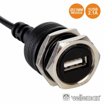 Conector USB tipo A em painel metálico com anel rosqueado e texto de especificações