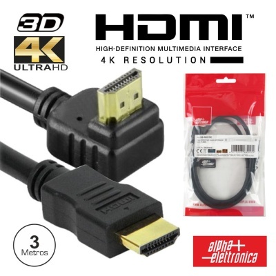 Cabo HDMI preto com conector dourado e embalagem vermelha da alpha elettronica