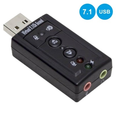 Adaptador USB 7.1 preto com botões e entradas de áudio