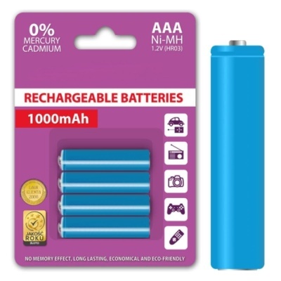 Pilha recarregável AAA azul em embalagem roxa com texto e ícones