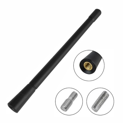 Antena automóvel preta com rosca interior dourada e parafusos metálicos