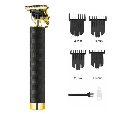 aparelho de barbear elétrico preto e dourado com quatro pentes de corte, escova de limpeza e frasco pequeno
