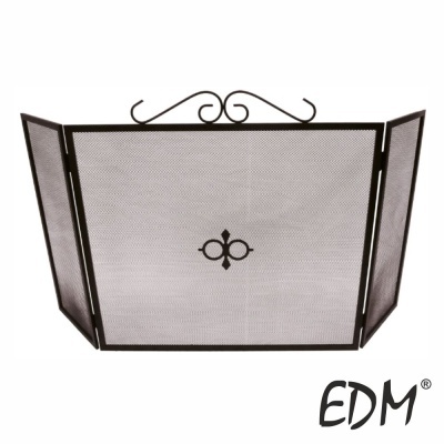 Proteção para lareira em metal preto com três painéis e ornamento decorativo central.