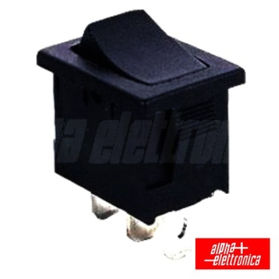 Interruptor basculante elétrico preto com três pinos metálicos e logótipo alpha elettronica