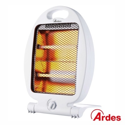 Aquecedor elétrico portátil branco com grelha preta e botão de controlo.