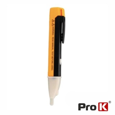 Testador de cabos elétricos portátil laranja e preto com ponta branca e texto de aviso