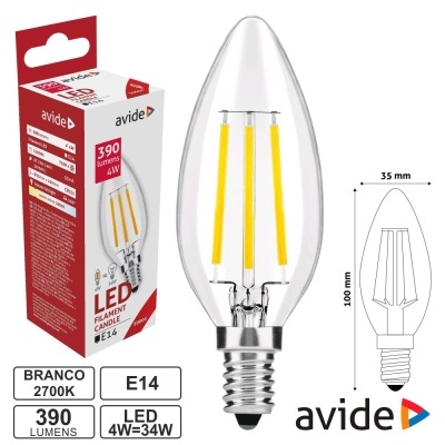 Lâmpada LED vela transparente com filamentos, base E14, embalagem vermelha e branca avide