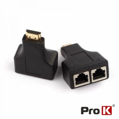 Adaptadores HDMI para portas de rede RJ45 pretos sobre fundo branco com logotipo Pro K