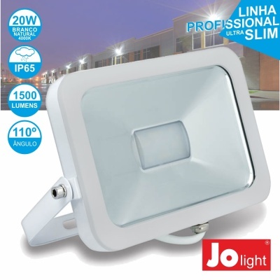 Projetor LED branco retangular com texto técnico e logótipo Jo light