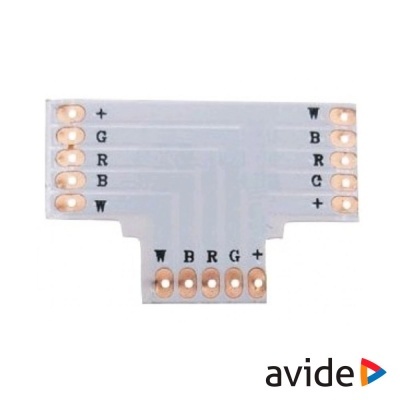 Placa eletrónica em forma de T para ligação de tiras LED RGBW com contatos metálicos
