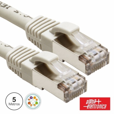 Cabo de rede Ethernet de 5 metros com conetores RJ45 e logótipo alpha elettronica