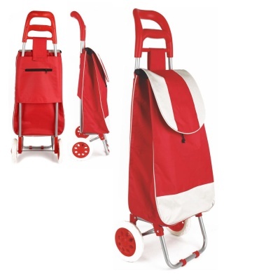 Carrinho de compras vermelho com rodas e pega ergonómica