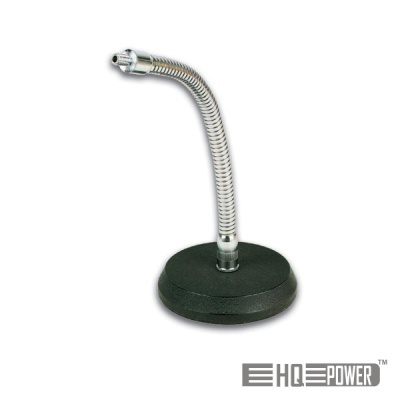 Microfone com base preta e corpo flexível metalizado em fundo branco