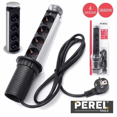 Regua elétrica de tomada com 4 saídas, cabo preto, embalagem e logotipo PEREL