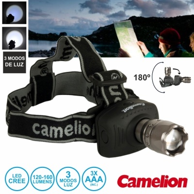 Lanterna frontal preta Camelion com luz ajustável e fita elástica com texto Camelion