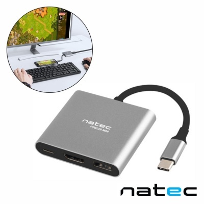 Adaptador USB-C cinza metálico com portas HDMI e USB e logótipo natec