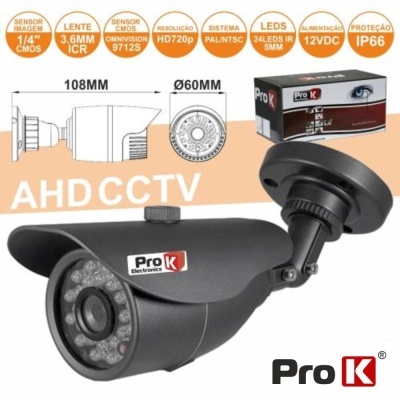 Câmara de segurança AHD CCTV preta com LEDs, com embalagem ao fundo