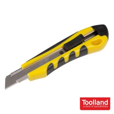 Estilete amarelo e preto com lâmina ajustável e botão deslizante