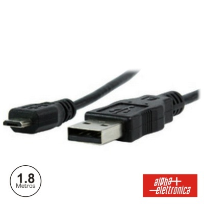 Cabo USB preto com USB tipo A e micro USB, logotipo alpha elettronica e indicação 1.8 Metros