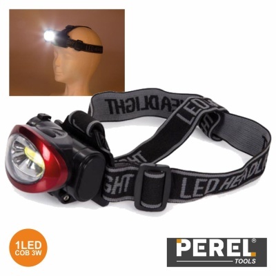 Lanterna de cabeça LED preta e vermelha com faixa elástica com texto LED HEADLIGHT.