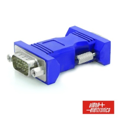 Adaptador VGA azul com pinos metálicos e logótipo alpha elettronica