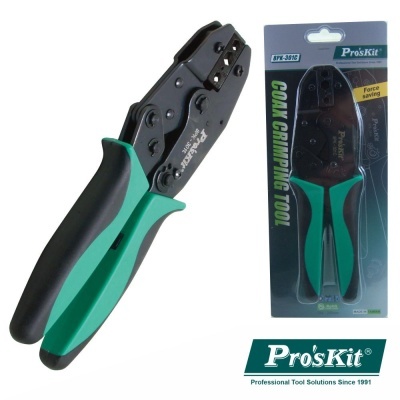 Alicate de crimpar coaxial Pro'sKit verde e preto em embalagem