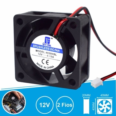 Ventoinha brushless DC fan preta para computadores, 40x40x20 mm, 12V, com conector de dois fios