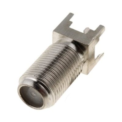 Conector coaxial metálico prateado com roscas e base quadrada