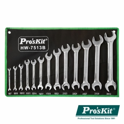 Conjunto de chaves fixas Pro'sKit HW-7513B em suporte preto com bordas verdes