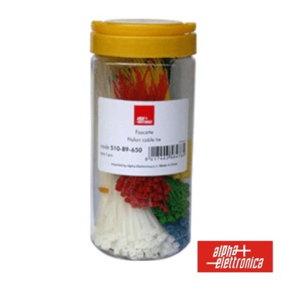 Embalagem transparente de braçadeiras de nylon coloridas com tampa amarela e etiqueta.