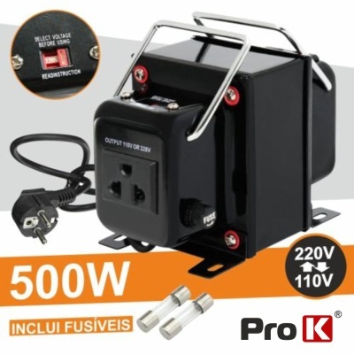 Transformador de voltagem preto Pro K 500W 110V/220V com fusíveis e cabo plugue europeu