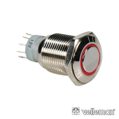 Interruptor botão metálico cilíndrico com anel vermelho e pinos