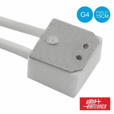 Conector elétrico G4 com fios brancos e placa metálica