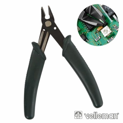 Alicate de corte com cabo verde escuro em fundo branco com circuito electrónico e logótipo velleman