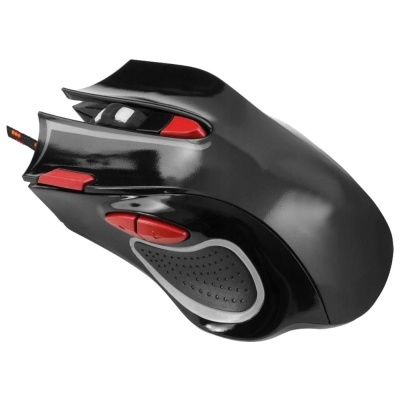 Rato de computador preto com detalhes vermelhos e textura antiderrapante cinzenta