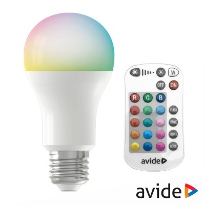 Lâmpada LED colorida com comando remoto branco com botões e logo avide