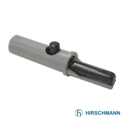 Conector eléctrico cinzento e preto com logo HIRSCHMANN