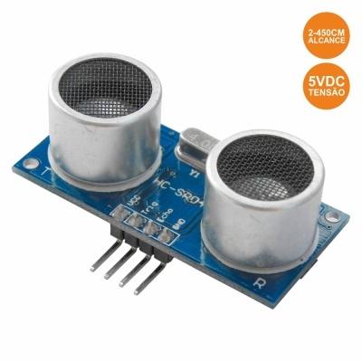 Sensor ultrasónico HC-SR04 com dois emissores metálicos e placa azul