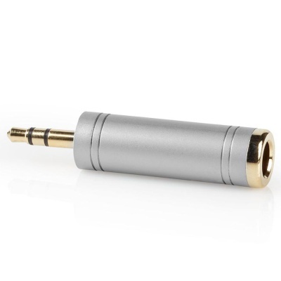Adaptador de áudio jack 3,5 mm prateado com detalhes dourados