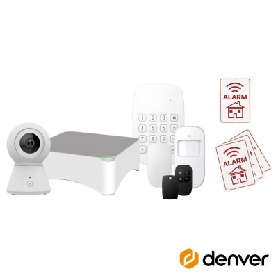 Kit de alarme doméstico Denver com câmara, teclado, sensores, comandos e autocolantes