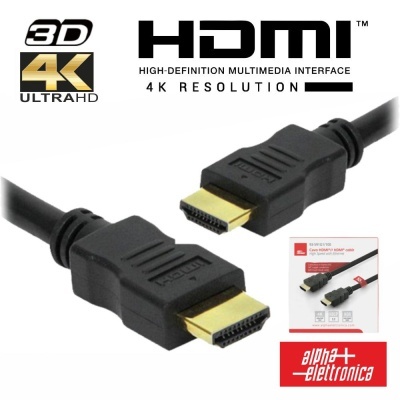 Cabo HDMI preto com conectores dourados e embalagem da alpha elettronica