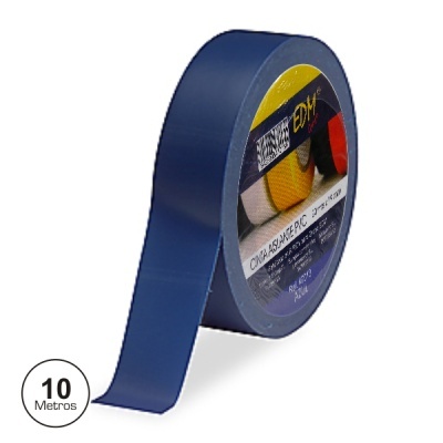 Rolo de fita isolante azul escura com rótulo colorido e indicação de 10 metros