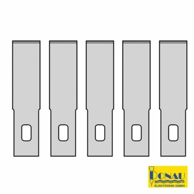 Cinco lâminas metálicas afiadas alinhadas com logótipo DONAU ELEKTRONIK no canto