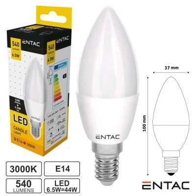 Lâmpada LED em forma de vela branca com base E14 e embalagem da marca ENTAC